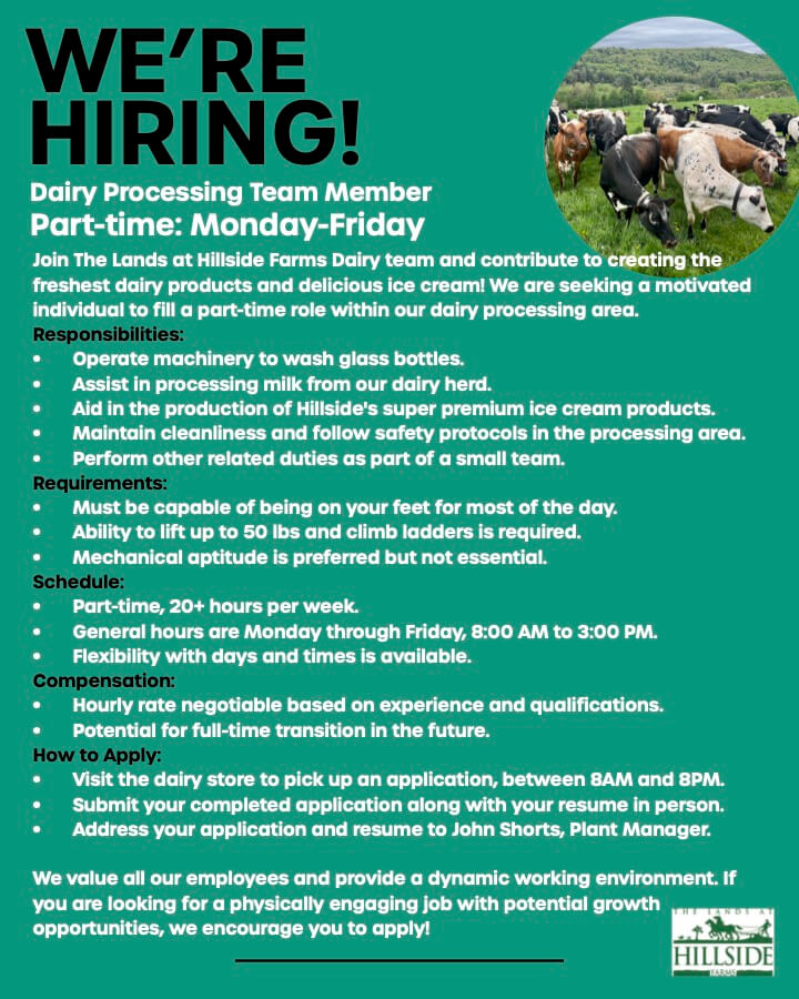 The Lands at Hillside Farms part-time dairy processing job opening